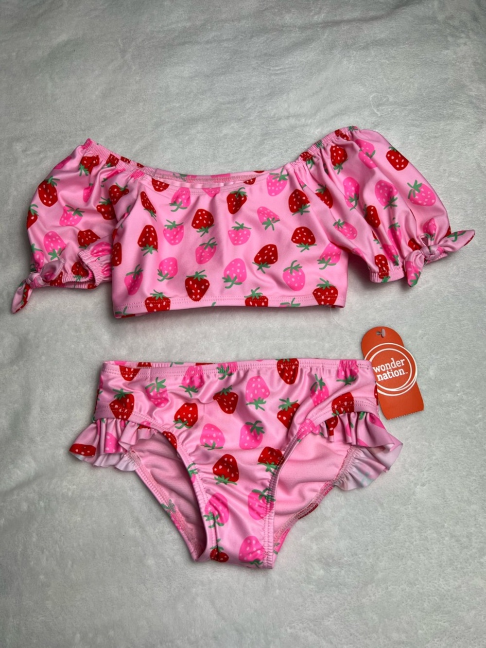 Wonder Nation Girls Baby Size 5T Swimsuit Bikini Strawberry Red Pink Bows Swim